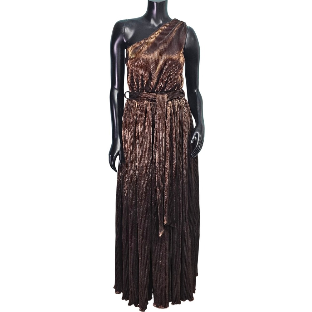 Mable Bronze Metallic One Shoulder Plisse Maxi Dress Sz S Pleated Gown Brown